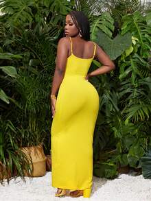 Slaydiva Mùa hè Đơn giản Thường ngày Kỳ nghỉ Cổ chữ U Dây rút có gân Slim Fit Váy ba lỗ dành cho nữ - Màu vàng - Xem 2