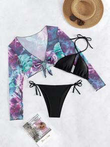 SHEIN Swim 女士纯色打结侧比基尼套装带随机图案性感防晒沙滩和服 3 件套夏季 - 彩色 - 查看 5