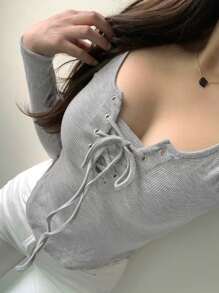 DAZY Màu thuần Thon gọn Vượt qua Buộc Tay áo dài Áo thun - Xám - Xem 5