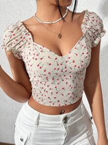 Flirla Floral Print Cropped Shirt With Sweetheart Neckline - Beige - View 4