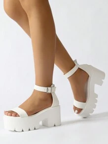 Fashion White Solid Wedge Slide Sandals, Zip Back Ankle Strap Platform Sandals - White - View 3