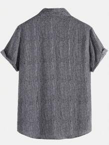 ROMWE MEN Prep Men Striped Curved Hem Shirt, School - Black and White - View 2