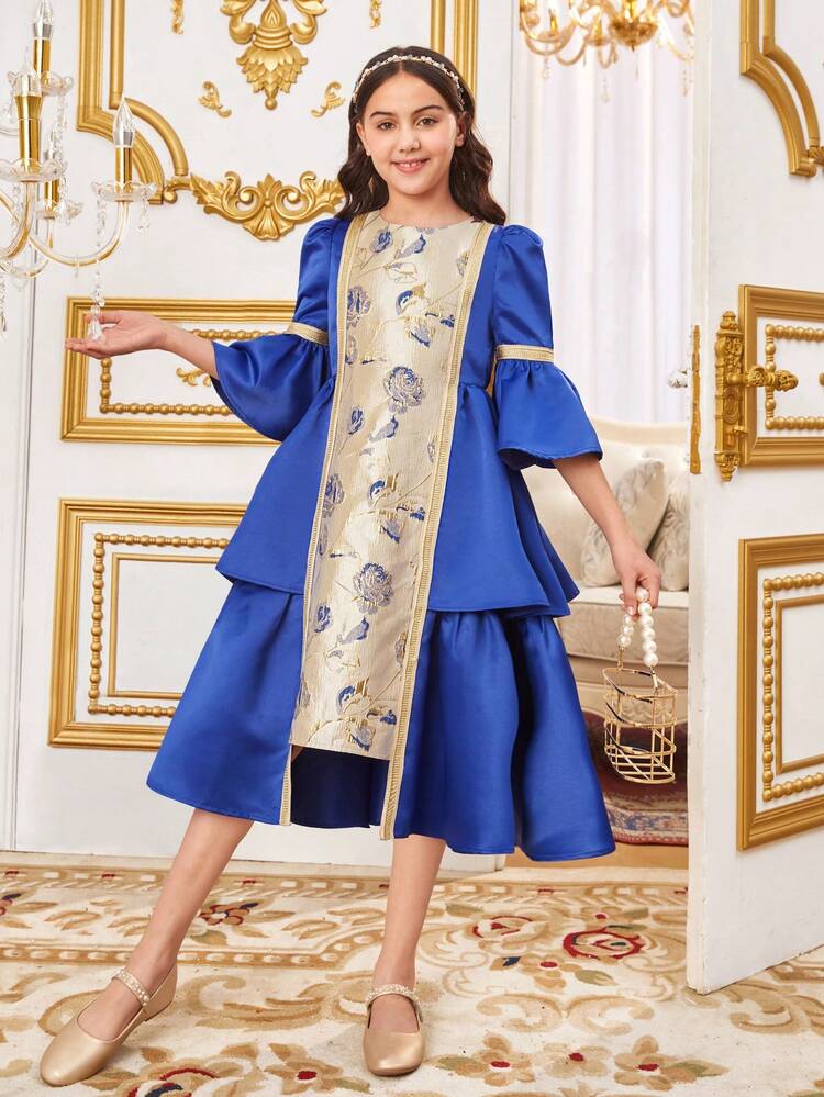 Tween Girl Floral Jacquard Color Block Crew Neck Flare Sleeve Dress