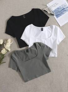 SHEIN EZwear 3件裝純色修身圓領短袖T恤 - 深灰色 - 查看 6