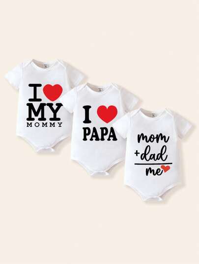 SHEIN Playful Pals Newborn Baby Boy/Girl Mother's Day/Father's Day 'i Love Mom/Dad' Slogan 3pcs Short Sleeve Unisex Casual Bodysuit With Fun Letter Pattern For Base Layer