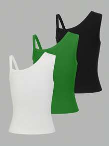 SHEIN LUNE 3入組女士純色不對稱領口肋紋背心上衣 - 彩色 - 查看 2