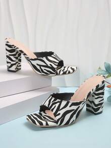 夏季新款女士露趾方头高跟凉鞋，时尚斑马纹粗跟女士外穿高跟鞋，穆勒拖鞋 - 彩色 - 查看 3