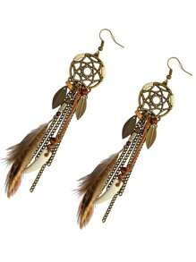 Boucles d'oreilles pendantes longues en plumes de style bohème antique, faites à la main, boucles d'oreilles Boho pour femmes, bijoux d'oreille pour femmes