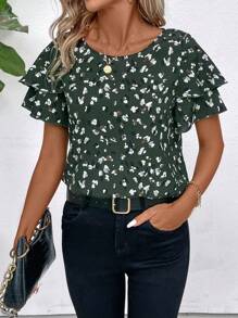 SHEIN Clasi Women's Summer Geometric Print Double Layered Ruffle Sleeve Blouse Music Festival - Dark Green - View 1
