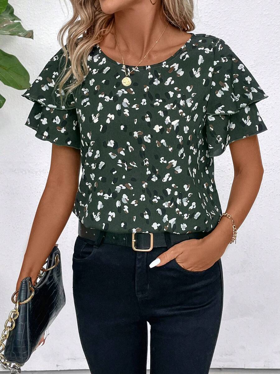 SHEIN Clasi Women's Summer Geometric Print Double Layered Ruffle Sleeve Blouse Music Festival - Dark Green - View 1