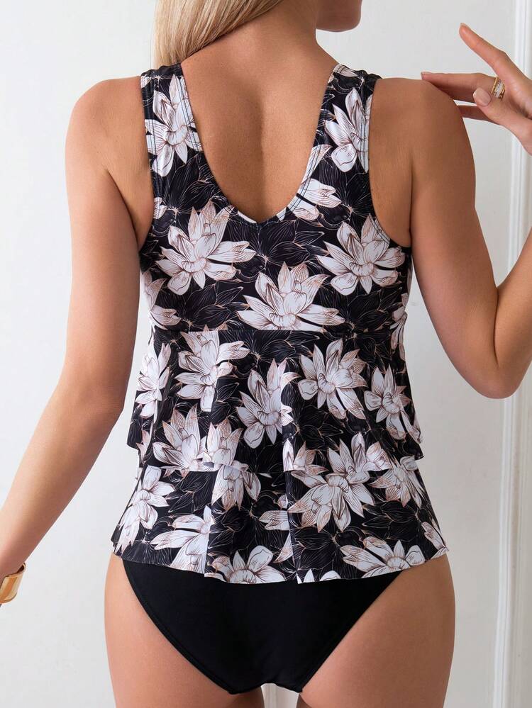 Ladies' Flower Printed Vest And Solid Color Triangle Brief Separated Swimming Suit Summer