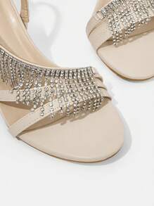 SheIn Belle Women's Fashionable Round-Toe Rhinestone High Heel Sandals With Thin Heel - Beige - View 4