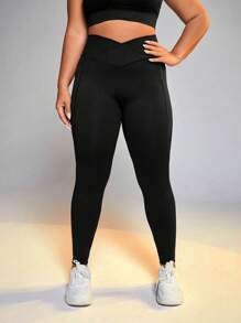 Easithlete Plus Size Seamless Overlapping Waistband Yoga Sports Leggings - Black - View 4