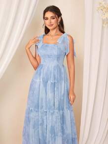 SHEIN Belle Váy dây mảnh in lưới tương phản - Màu xanh lam - Xem 5