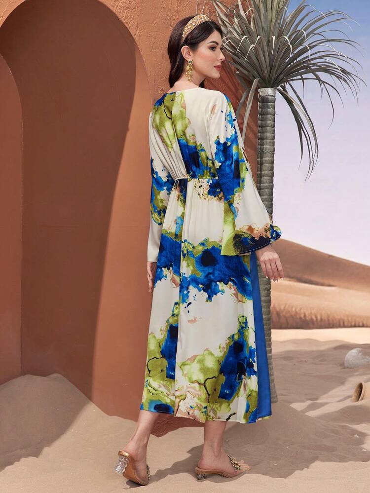 Women's Elegant Printed Dress With Oversized Sleeves Fall Cloth For Women