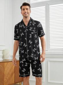 Men's Butterfly Printed Color Block Piping Trim Homewear Set - Black - View 1