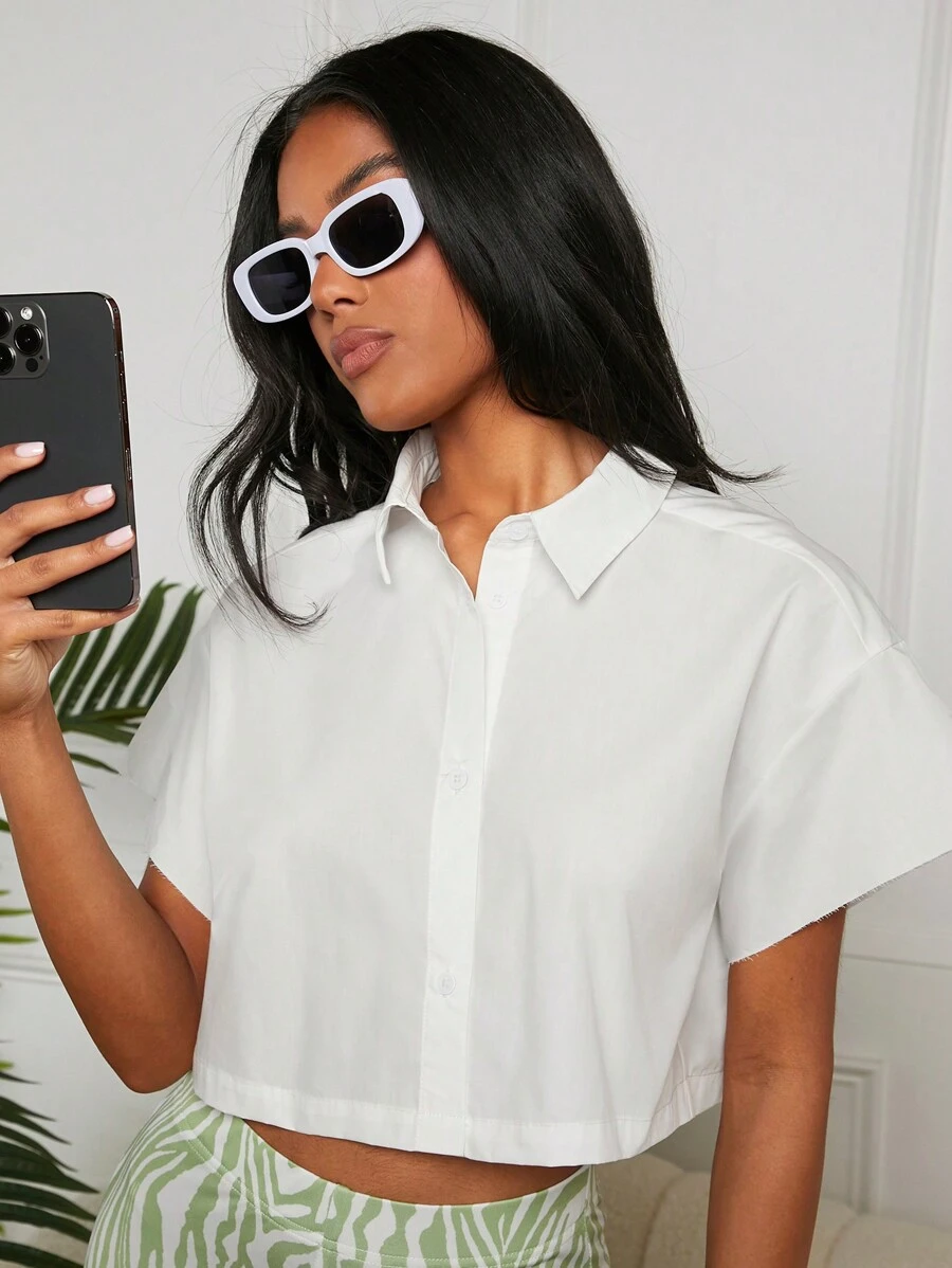 SHEIN EZwear 女性實色落肩短款襯衫 - 白色 - 查看 1