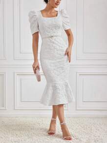 Modelyn Women's Solid Color Jacquard Square Neckline Puff Sleeve Ruffle Hem Bubble Dress - White - View 4