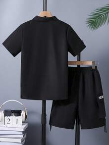 SHEIN Cậu bé Tween Túi có nắp & Lủng lẳng Thắt lưng Cargo Áo sơ mi Và Bộ quần short - màu đen - Xem 5