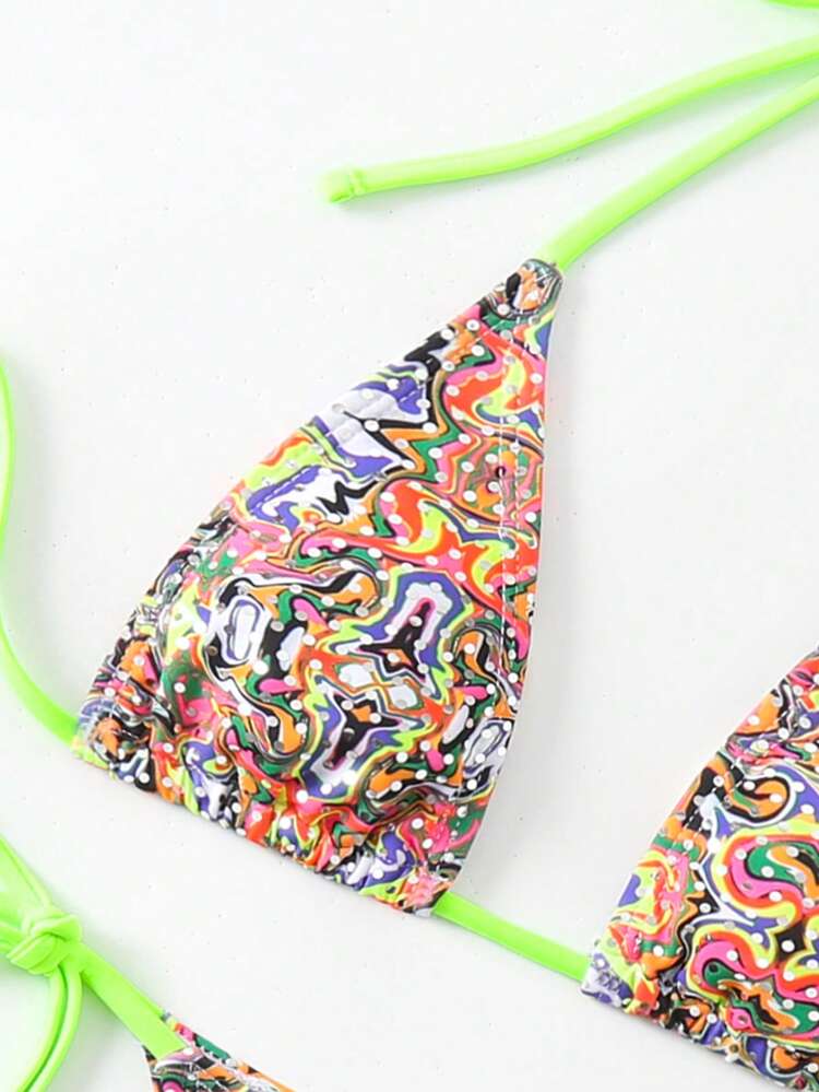 Women's Vintage Printed Contrast Neon Trim Two-Piece Bikini Set, Micro Triangle Bra String Bikini Outfit Beach Swimwear Bathing Suit Summer