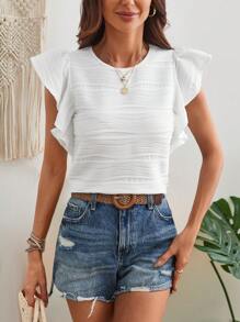 SHEIN LUNE 素面圓領針織布休閒t恤,配有褶邊裝飾 - 白色 - 查看 3