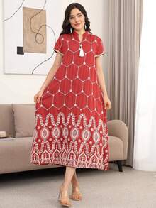 Đầm kiểu Ả Rập thanh lịch thêu đính cườm, cổ chữ V, màu đỏ, dành cho mùa Xuân/Hè 2026, có thắt lưng tua rua, thích hợp mặc trong dịp Eid Al Adha. - Đỏ - Xem 5