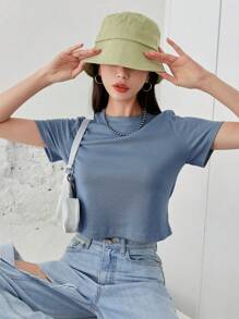 DAZY Camiseta corta unicolor tejido de canalé - Neblina azul - Ver 5