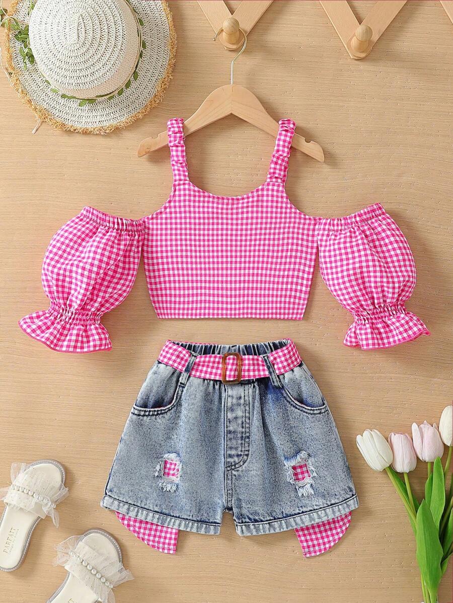 SHEIN Young Girl Plaid Open Shoulder Top And Ripped Shorts Set - Hot Pink - View 1