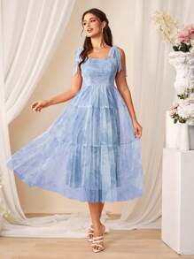 SHEIN Belle Váy dây mảnh in lưới tương phản - Màu xanh lam - Xem 3