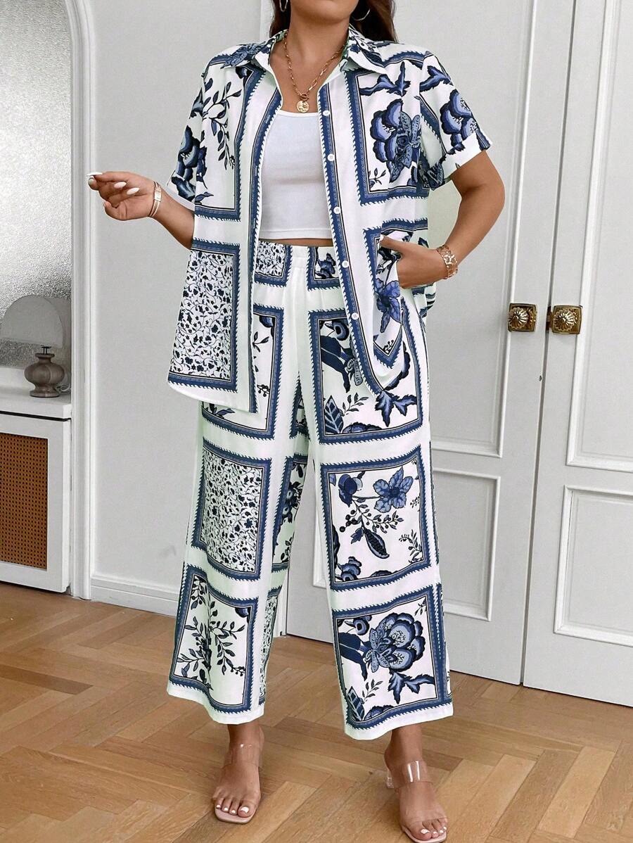SHEIN LUNE Plus Size Floral Scarf Print Shirt And Wide Leg Pants Two Pieces Set - Purple - View 1