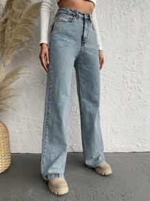 EURMUSE High Waist Straight Leg Jeans - Light Wash - View 3