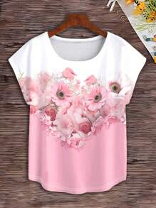 INAWLY 花卉印花休闲圆领短袖 T 恤图案 T 恤女式上衣 - 白色 - 查看 3