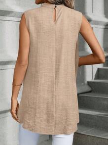 SHEIN LUNE Colorblock Stand Collar Sleeveless Asymmetric Hem Blouse Women Shirt - Apricot - View 2