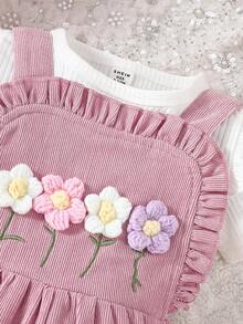SHEIN Vintaside Kids Baby Girl 2pcs/Set Corduroy Embroidered Jumpsuit With 3d Floral Details And Matching Hat - Pink - View 6