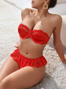 SHEIN Spliced Lace Tube Top Bra Set, Lingerie - Red - View 7