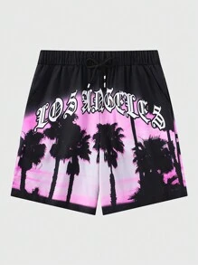 ROMWE MEN Street Life 男款度假風格椰樹&字母印花漸層短褲,適用於春季和夏季 - 黑色 - 查看 1
