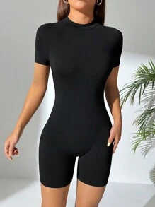 SHEIN PETITE Plain Color Tight-Fitting Jumpsuit Unitard With Raglan Sleeve - Black - View 4