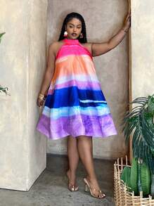 Slaydiva A 字大尺碼女式拼色掛脖花卉印花連身裙 - 彩色 - 查看 5