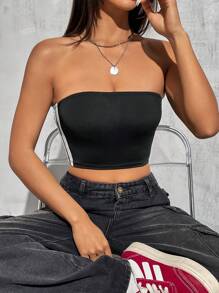 SHEIN EZwear 女士色塊條紋短款無肩帶上衣 - 黑色 - 查看 1