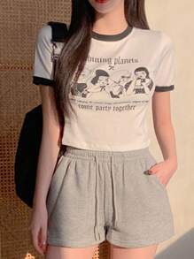 DAZY Damen T-Shirt mit Cartoon Motiv und Slogan, grafische T-Shirts