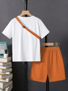 SHEIN Tween Boys' Plain Top And Print Shorts Set - Orange - View 2