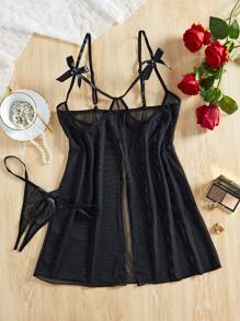 Women's Sexy Lingerie Dress With Hollow Out Mesh And Bowknot Decoration Briefs For Going Out