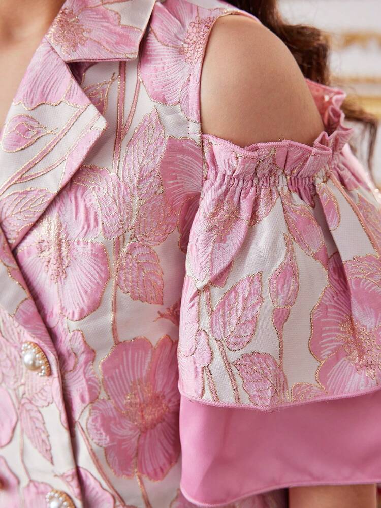 Tween Girl Cute Ruffle Trimmed Floral Jacquard Blazer With Cold-Shoulder Neckline And Satin Skirt Two Pieces Set