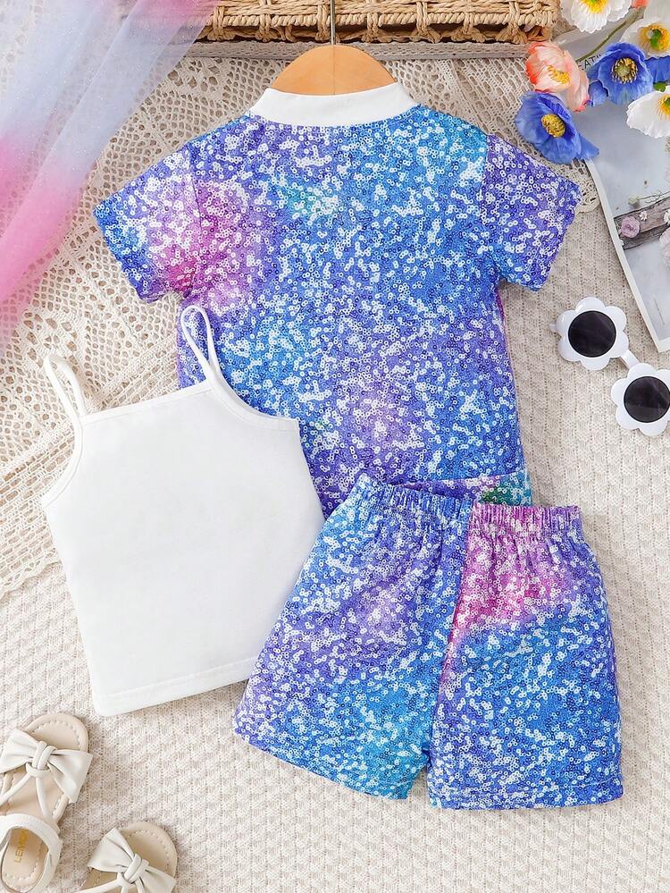 Baby Girl Sparkly Printed Short Sleeve Baseball Collar Jacket Top, Cami And Shorts 3pcs/Set