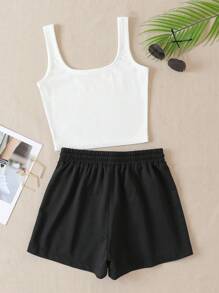 INAWLY 女性的字母山印花背心褲套裝 - 黑與白 - 查看 2