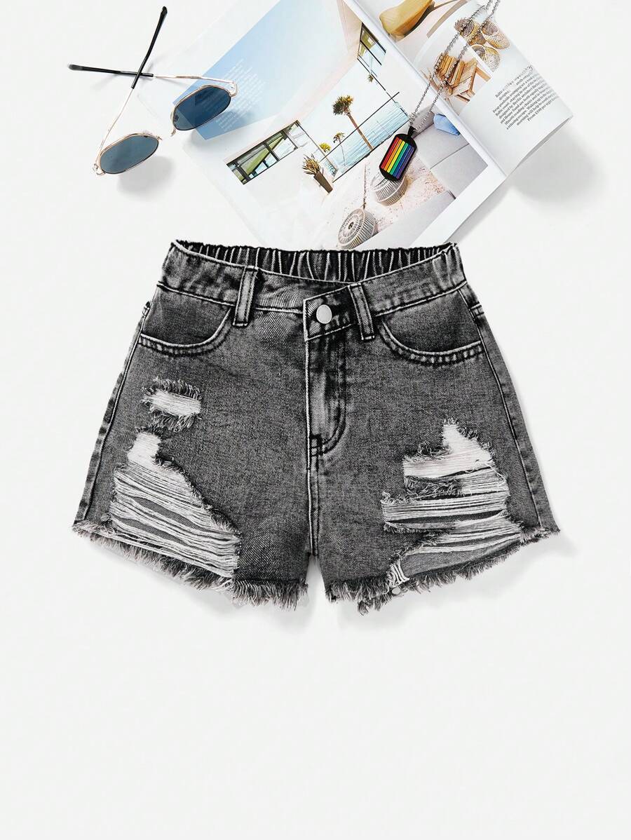 SHEIN Tween Girls' Spring Summer Boho Stonewashed Distressed Ripped Raw Hem Wrap Denim Jeans Shorts,Asymmetrical Waist Summer Girls Clothes - Grey - View 1