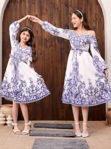 SHEIN Teen Girl Elegant Lantern Sleeve V-Neck Wrap Belted Guava Printed Dress - Blue - View 1