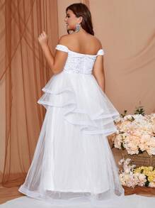 Plus Size Off Shoulder Sparkly Tulle Wedding Dress With Sequin Detail - White - View 2