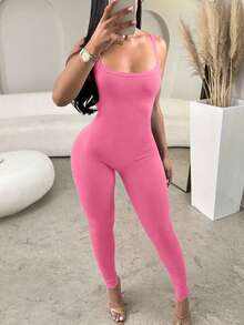 Women Solid Color Sleeveless Tight Jumpsuit Unitard With Spaghetti Straps - Pink - View 3