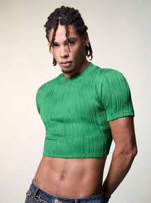 FeverCity Nam Màu thuần Textured Thon gọn Ngắn tay Áo thun - màu xanh lá - Xem 3